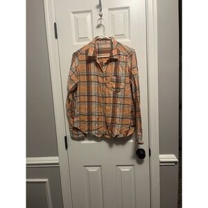 Hollister Peach & Blue Plaid Flannel Womens L. Fall or Pumpkin Patch Cabinicore
